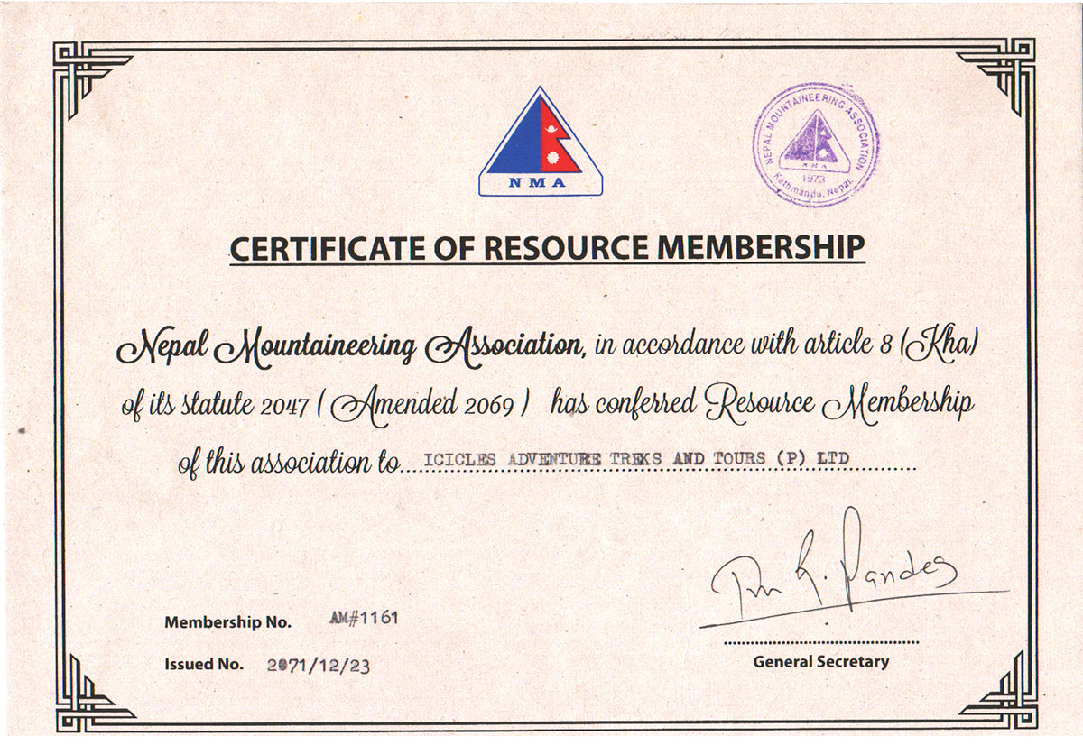 Nepal mountaineering association certificate 